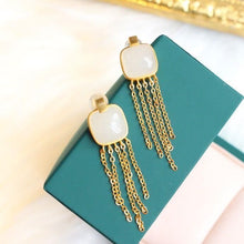 Load image into Gallery viewer, Silver Inlaid Natural White Jade Tassel Earrings Vintage Style Retro Unique Craft Charm Women&#39;s Jewelry
