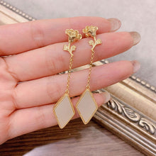 Load image into Gallery viewer, Silver Inlaid Natural White Jade Gold Plated Long Earrings Vintage Classical Style Geometric Women&#39;s Jewelry
