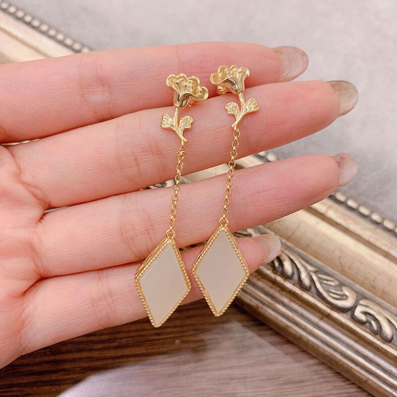 Silver Inlaid Natural White Jade Gold Plated Long Earrings Vintage Classical Style Geometric Women's Jewelry