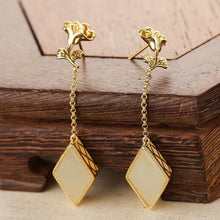 Load image into Gallery viewer, Silver Inlaid Natural White Jade Gold Plated Long Earrings Vintage Classical Style Geometric Women&#39;s Jewelry
