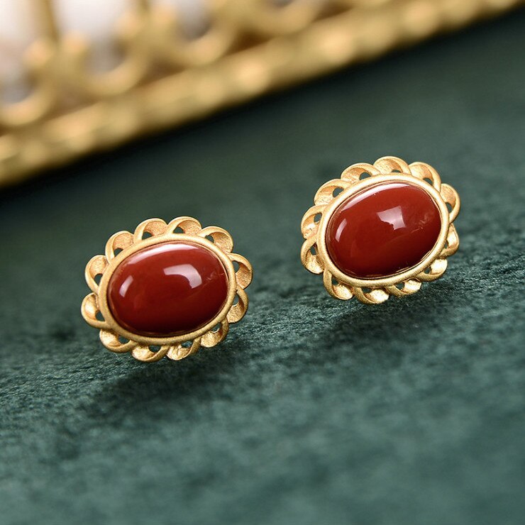 Silver Inlaid Natural Southern Red Agate Earrings Vintage Retro Style Charm Design Women's Brand Jewelry