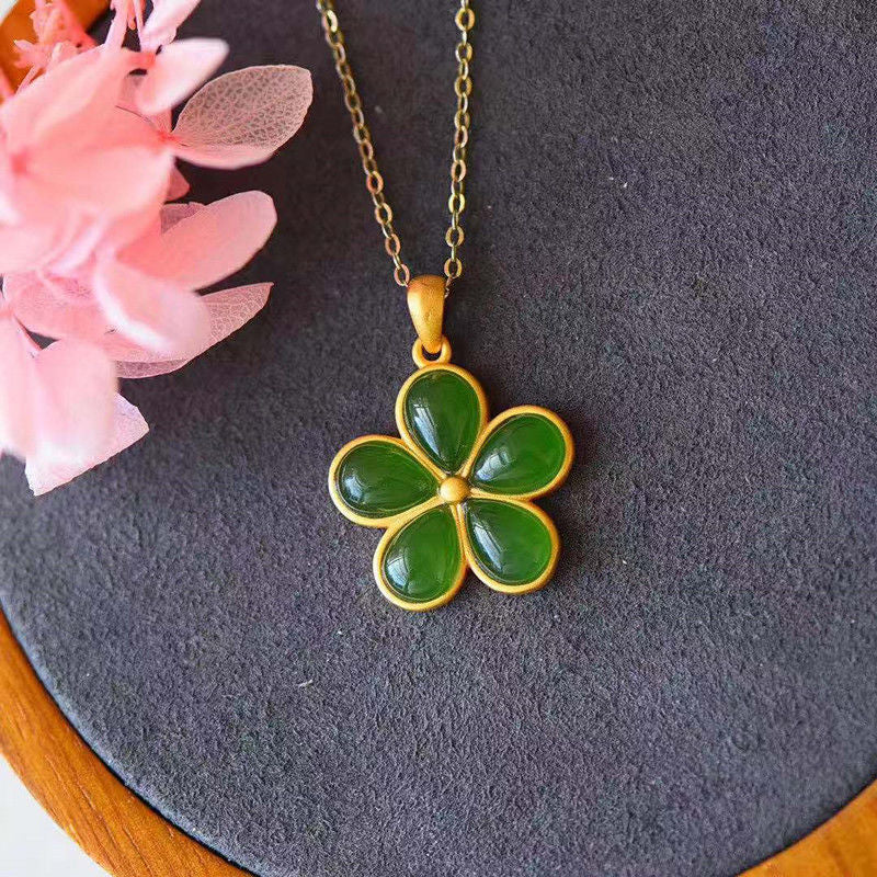 Lokaloca Natural Jade Drop Shaped Mosaic Flower Pendant Necklace