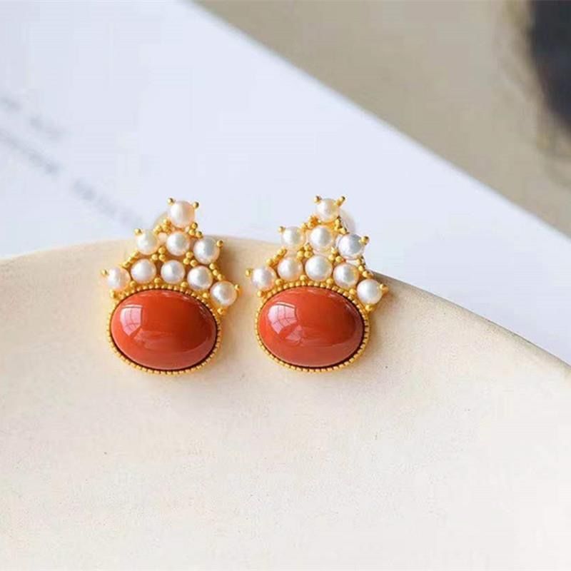 Silver Inlaid Natural Southern Red Agate Pearl Earrings Vintage Retro Style Charm Women's Brand Jewelry