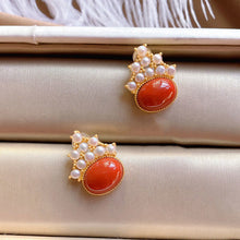 Load image into Gallery viewer, Silver Inlaid Natural Southern Red Agate Pearl Earrings Vintage Retro Style Charm Women&#39;s Brand Jewelry
