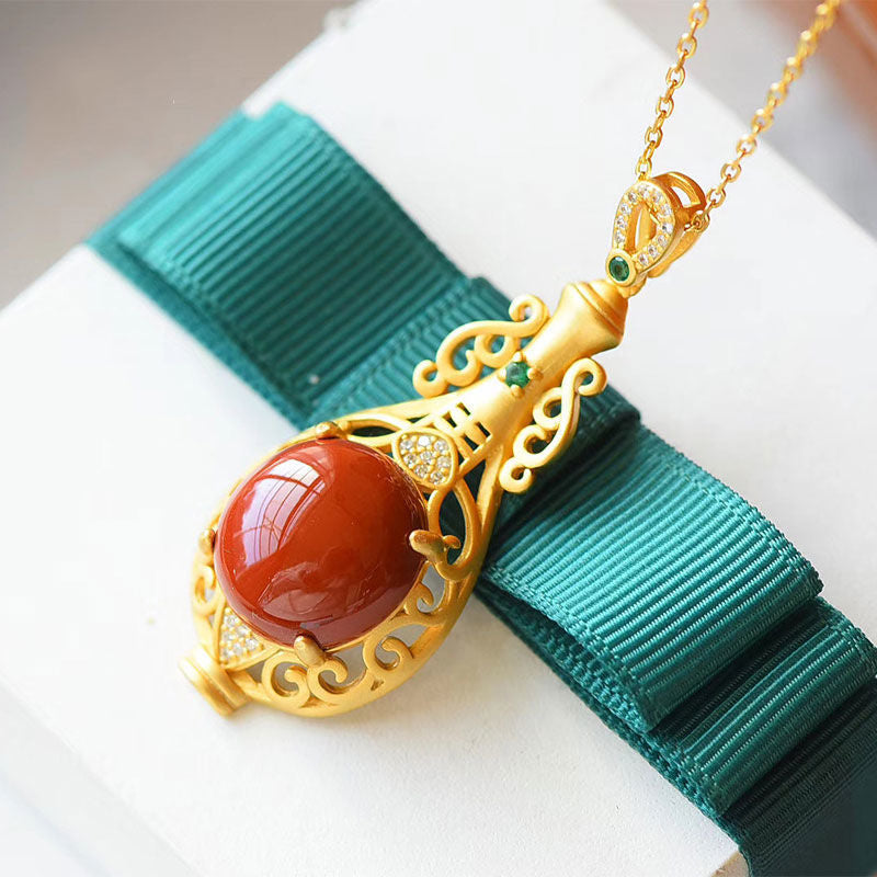 Silver Inlaid Natural Southern Red Agate Vase Pendant Necklace Vintage Style Retro Unique Craft Charm Women's Brand Jewelry