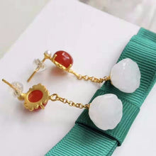 Load image into Gallery viewer, Silver Inlaid Natural Jade &amp; Southern Red Agate Flowers Vintage Retro Earrings Niche Design Charm Women&#39;s Brand Jewelry
