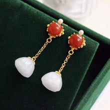 Load image into Gallery viewer, Silver Inlaid Natural Jade &amp; Southern Red Agate Flowers Vintage Retro Earrings Niche Design Charm Women&#39;s Brand Jewelry
