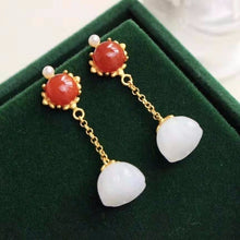 Load image into Gallery viewer, Silver Inlaid Natural Jade &amp; Southern Red Agate Flowers Vintage Retro Earrings Niche Design Charm Women&#39;s Brand Jewelry
