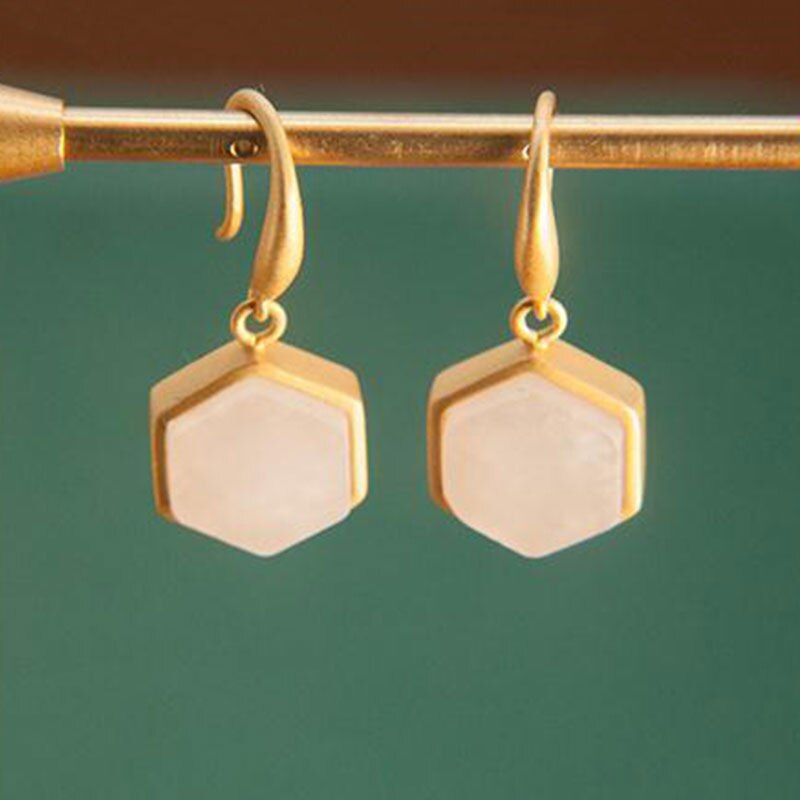 Silver Inlaid Natural White Jade Hexagon Earrings Vintage Style Retro Charm Women's Jewelry