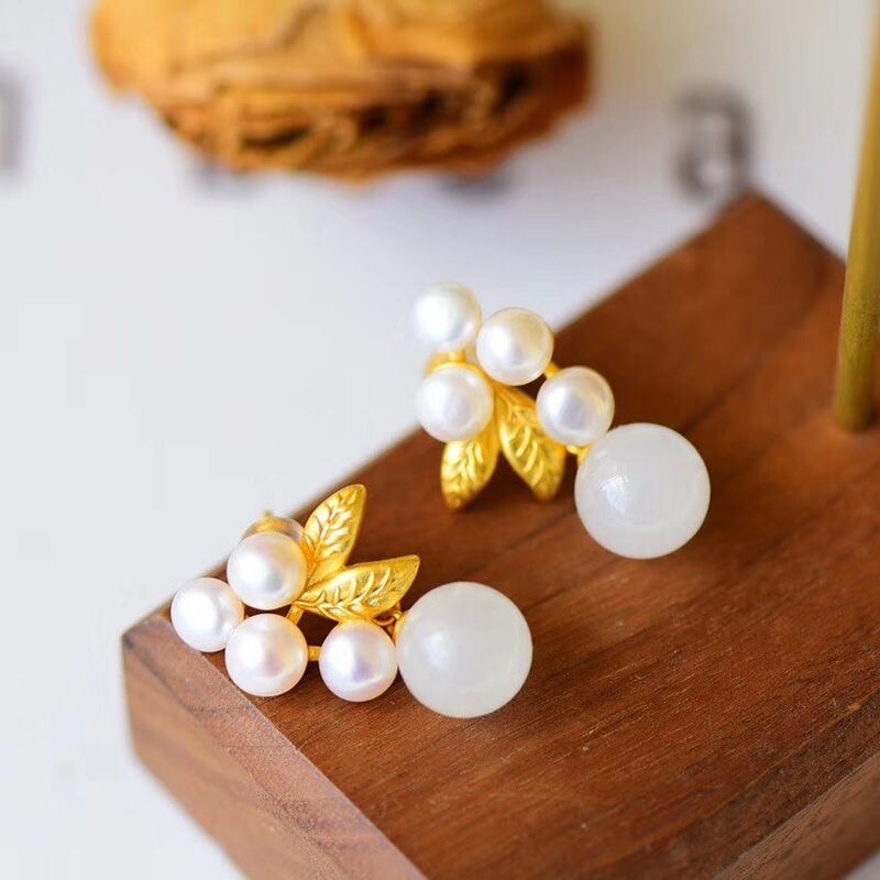 Silver Inlaid Natural White Jade Pearl Earrings Vintage Style Retro Design Charming Women's Brand Jewelry