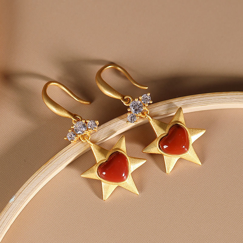 Silver Inlaid Red Agate Creative Star Love Earrings Vintage Retro Lovely Fairy Women Charm Brand Jewelry