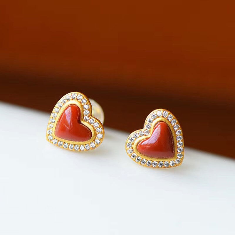 Silver Inlaid Natural Southern Red Agate Love Earrings Charm Romantic Luxury Women's Brand Jewelry