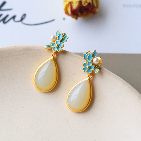 Silver Inlaid with Natural Fine White Jade Earrings Enamel Pearls Luxury Charming Women's Brand Jewelry