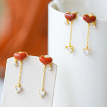 Load image into Gallery viewer, Silver Inlaid with Natural South Red Agate Love Heart Long Earrings Romantic Unique Craft Gold Women Brand Jewelry
