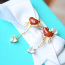 Load image into Gallery viewer, Silver Inlaid with Natural South Red Agate Love Heart Long Earrings Romantic Unique Craft Gold Women Brand Jewelry
