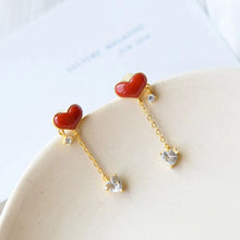 Load image into Gallery viewer, Silver Inlaid with Natural South Red Agate Love Heart Long Earrings Romantic Unique Craft Gold Women Brand Jewelry
