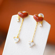 Load image into Gallery viewer, Silver Inlaid with Natural South Red Agate Love Heart Long Earrings Romantic Unique Craft Gold Women Brand Jewelry
