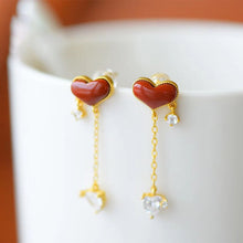 Load image into Gallery viewer, Silver Inlaid with Natural South Red Agate Love Heart Long Earrings Romantic Unique Craft Gold Women Brand Jewelry
