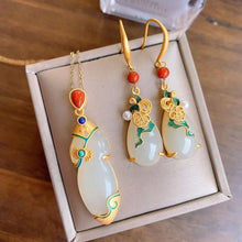 Load image into Gallery viewer, Silver National Style Inlaid with Natural White Jade Water Drop Earrings Necklace Antique Luxury Women&#39;s Jewelry Set
