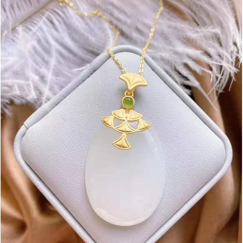 Silver Natural Fine White Jade Pendant Necklace Vintage Style Retro Charm Unique Craft Women's Brand Jewelry