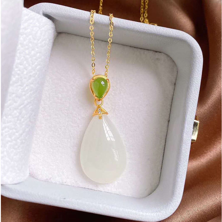 Silver Natural Fine White Jade Drop-shaped Pendant Necklace