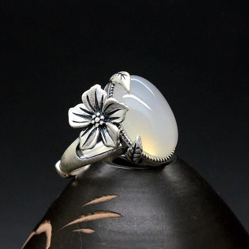 New Silver Original Design Plum Blossom Inlaid with Natural White Jade Female Vintage Style Luxury Ring