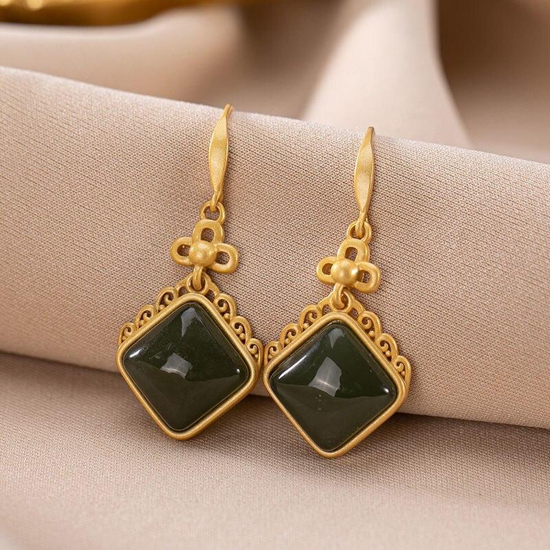 Lokaloca Silver Inlaid Fine Dark Green Jade Earrings