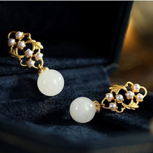 Load image into Gallery viewer, Lokaloca Natural White Jade Pearl Round Bead Long Earrings
