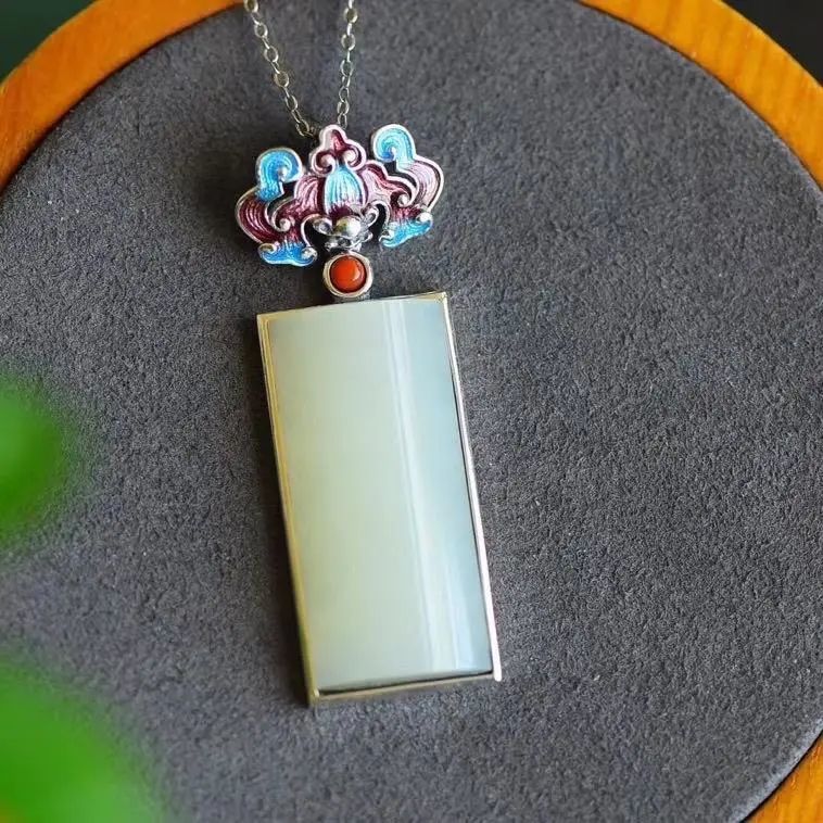 New Style Natural Fine White Jade Rectangular Pendant Necklace Enamel Porcelain Ladies Jewelry