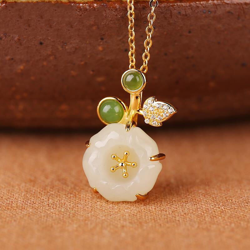 Silver Natural Fine Jade Flower Pendant Necklace