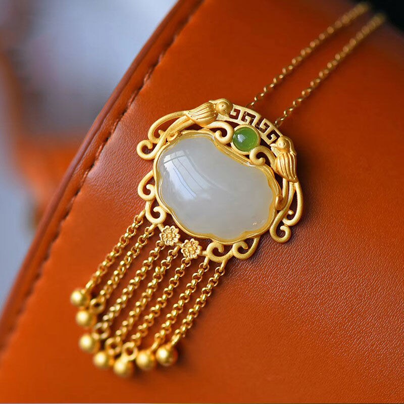 Silver Inlaid Natural Fine Jade Pendant Necklace Vintage Classical Gilded Luxury Charm Women's Jewelry