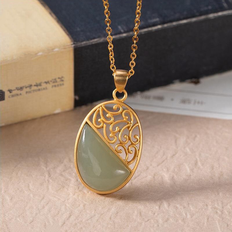 Silver Inlaid Natural Fine Jade Pendant Necklace Vintage Retro Style Charm Women's Jewelry