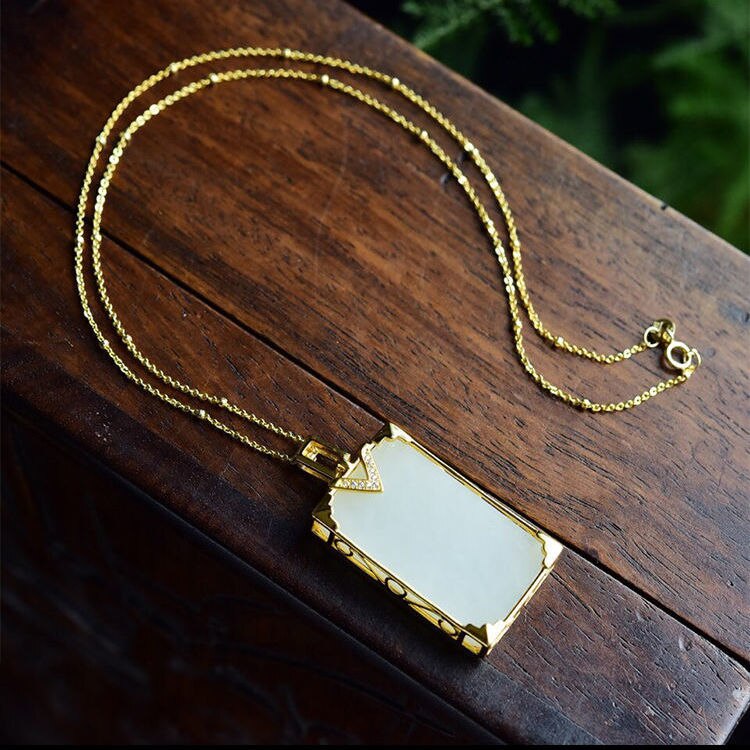 New Silver Inlaid Natural Fine White Jade Pendant Necklace Vintage Style Retro Elegant  Luxury Women's Jewelry