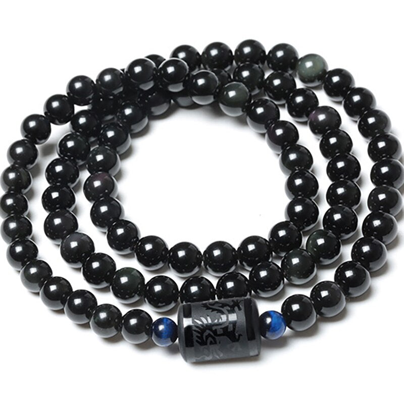 Multilayer Natural Black Rainbow Obsidian Beaded Strand Bracelet