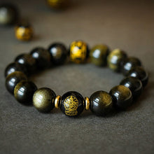 Load image into Gallery viewer, Handcrafted Natural Golden Obsidian Beaded Buddhist Charm Bracelet
