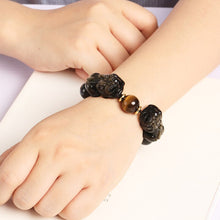 Load image into Gallery viewer, Natural Black / Golden Obsidian Double Handcrafed Piyao Brave Charm Bracelet
