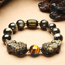 Load image into Gallery viewer, Natural Black / Golden Obsidian Double Handcrafed Piyao Brave Charm Bracelet
