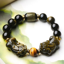 Load image into Gallery viewer, Natural Black / Golden Obsidian Double Handcrafed Piyao Brave Charm Bracelet
