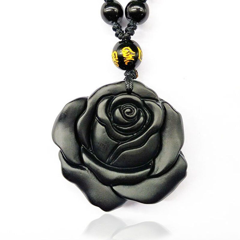 Handcrafted Natural Black Obsidian Engraved Rose Pendant Necklace