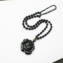 Load image into Gallery viewer, Handcrafted Natural Black Obsidian Engraved Rose Pendant Necklace
