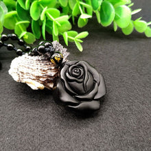 Load image into Gallery viewer, Handcrafted Natural Black Obsidian Engraved Rose Pendant Necklace
