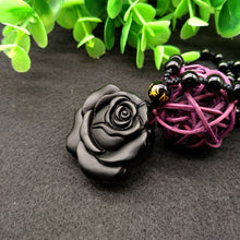 Load image into Gallery viewer, Handcrafted Natural Black Obsidian Engraved Rose Pendant Necklace
