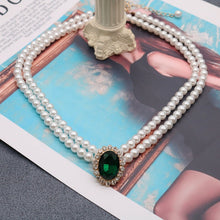 Load image into Gallery viewer, Handmade Double Strand Pearl Beaded With Green Crystal Pendant Necklace
