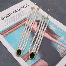 Load image into Gallery viewer, Handmade Double Strand Pearl Beaded With Green Crystal Pendant Necklace
