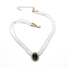 Load image into Gallery viewer, Handmade Double Strand Pearl Beaded With Green Crystal Pendant Necklace
