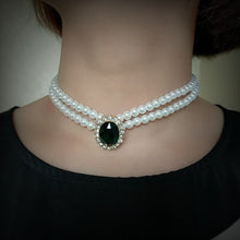 Load image into Gallery viewer, Handmade Double Strand Pearl Beaded With Green Crystal Pendant Necklace
