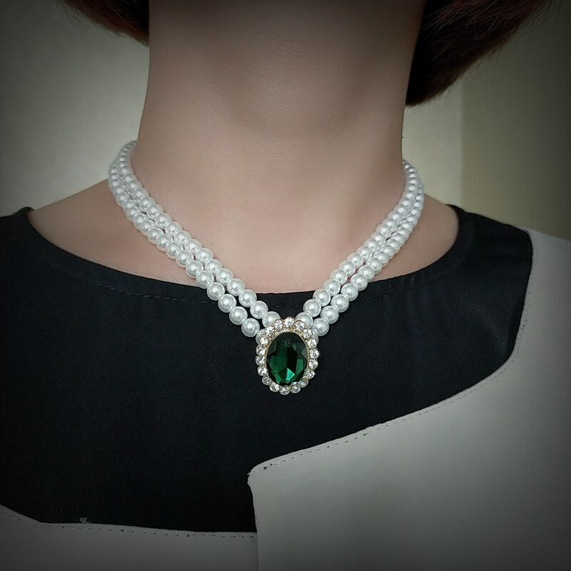 Handmade Double Strand Pearl Beaded With Green Crystal Pendant Necklace