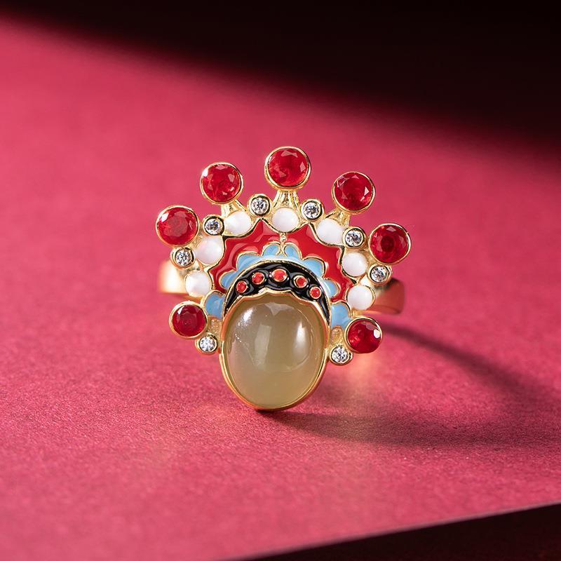 Original Design Find Jade Traditional Opera Mask Vintage Open Ring Charm Women's Brand Jewelry