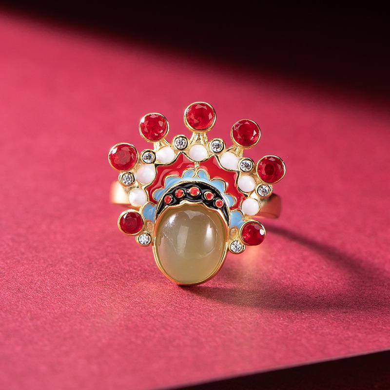 Original Design Vintage Traditional Opera Mask Southern Red Agate Open Ring Charm Women's Brand Jewelry