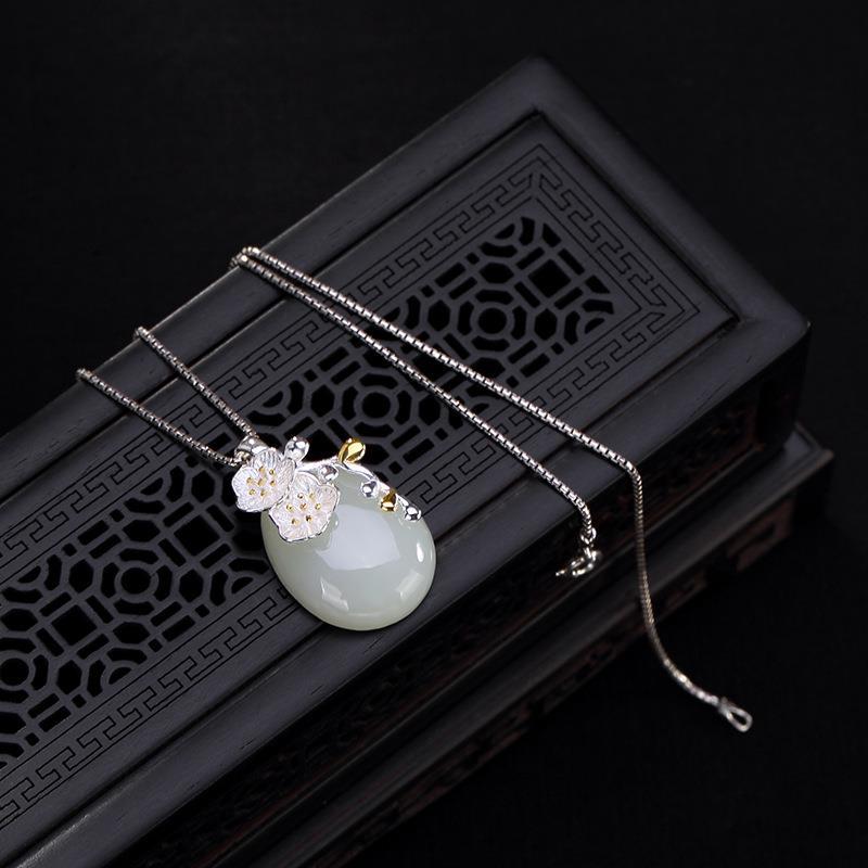 Original Design Natural Fine Jade Plum Flower Pendant Vintage Style Retro Unique Craft Charm Women's Silver Jewelry